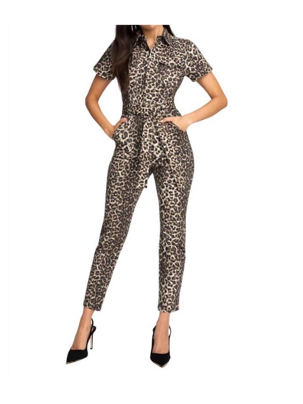 Good American Leopard-Print Short Sleeve Utility Jumpsuit - Taupe & Black